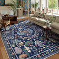 Moynesa Washable Area Rug 5x7 - Boho Blue Floral, Machine Washable