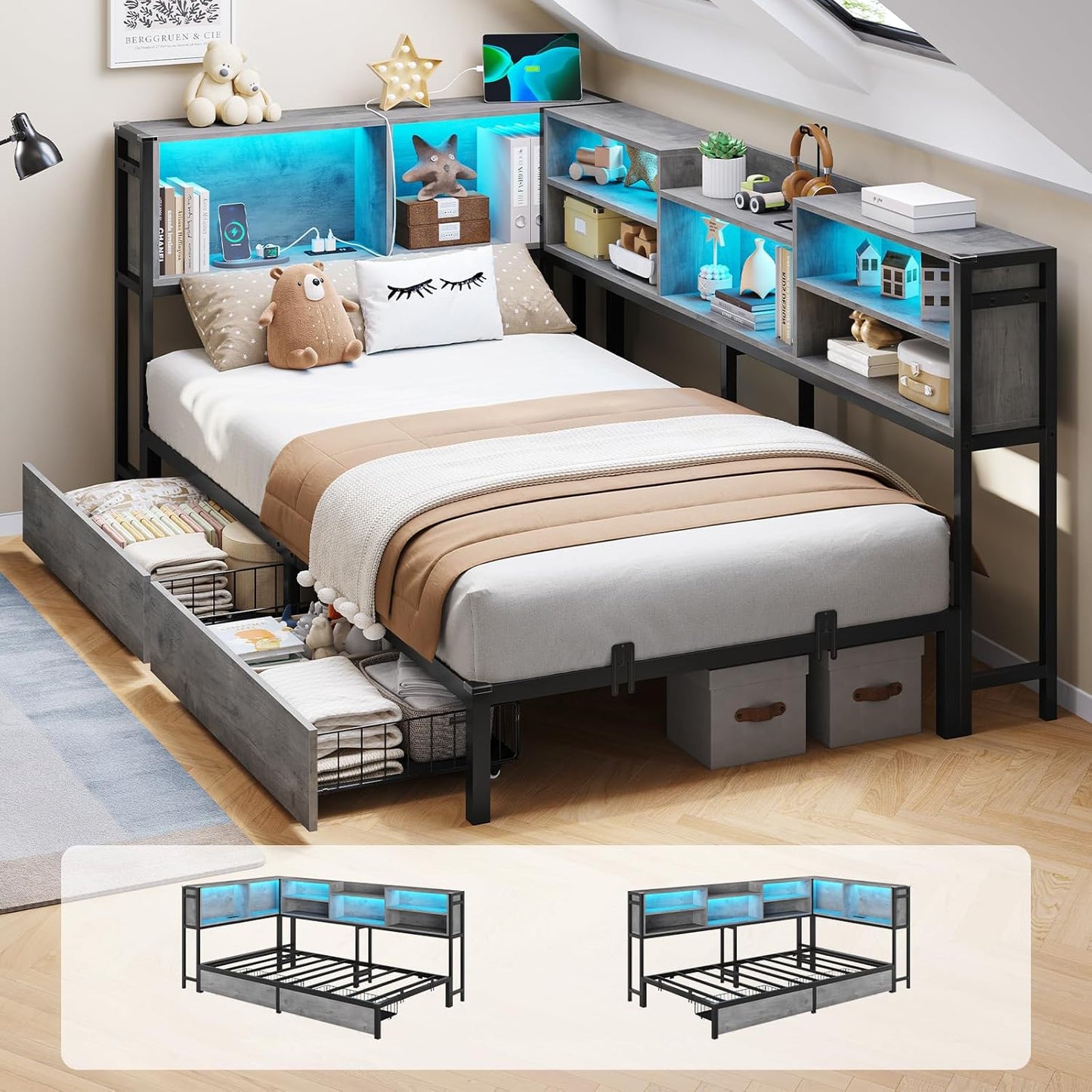 DICTAC Corner Bed Frame with Bookcase and LED Lights Twin XL