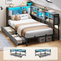 Corner Twin Bed Frame with Bookcase Storage and LED Lights - Space