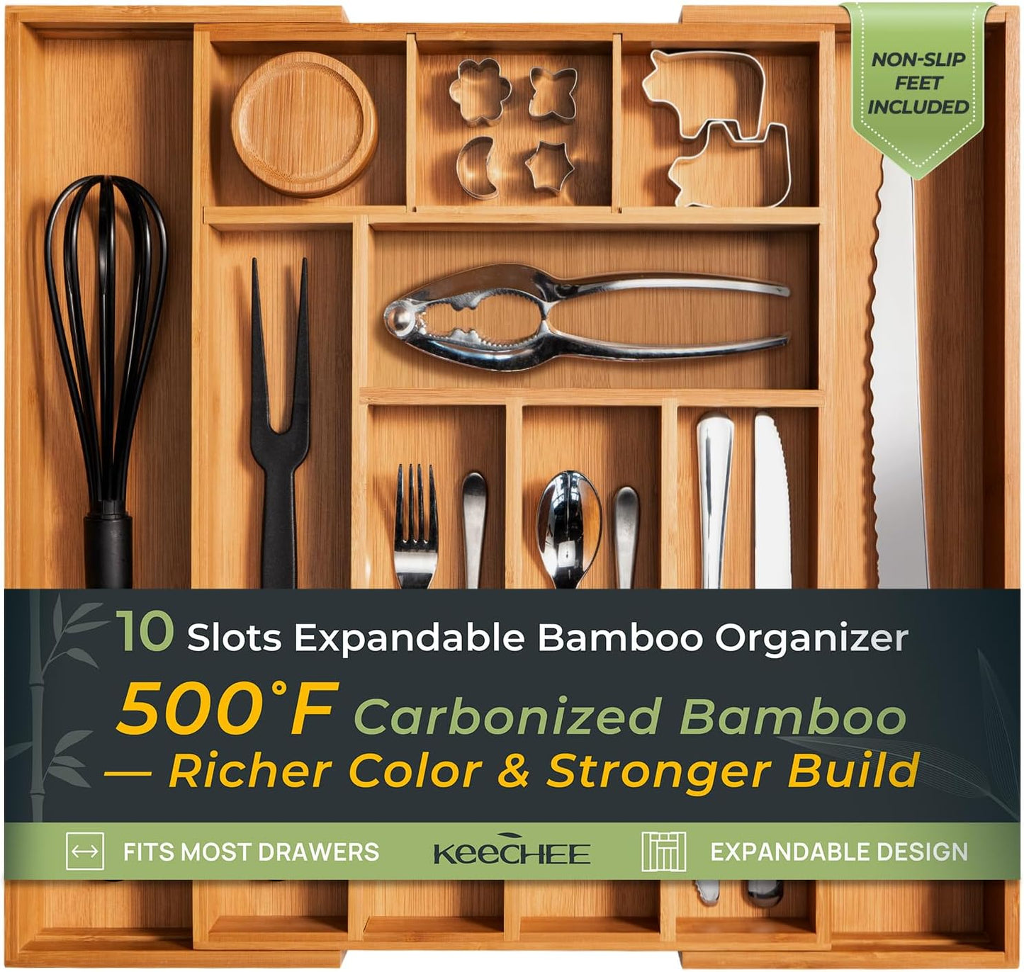 Carbonized Bamboo Kitchen Drawer Organizer with 10 Slots