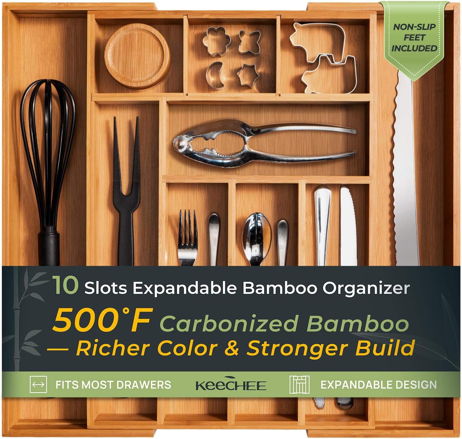 Carbonized Bamboo Kitchen Drawer Organizer with 10 Slots