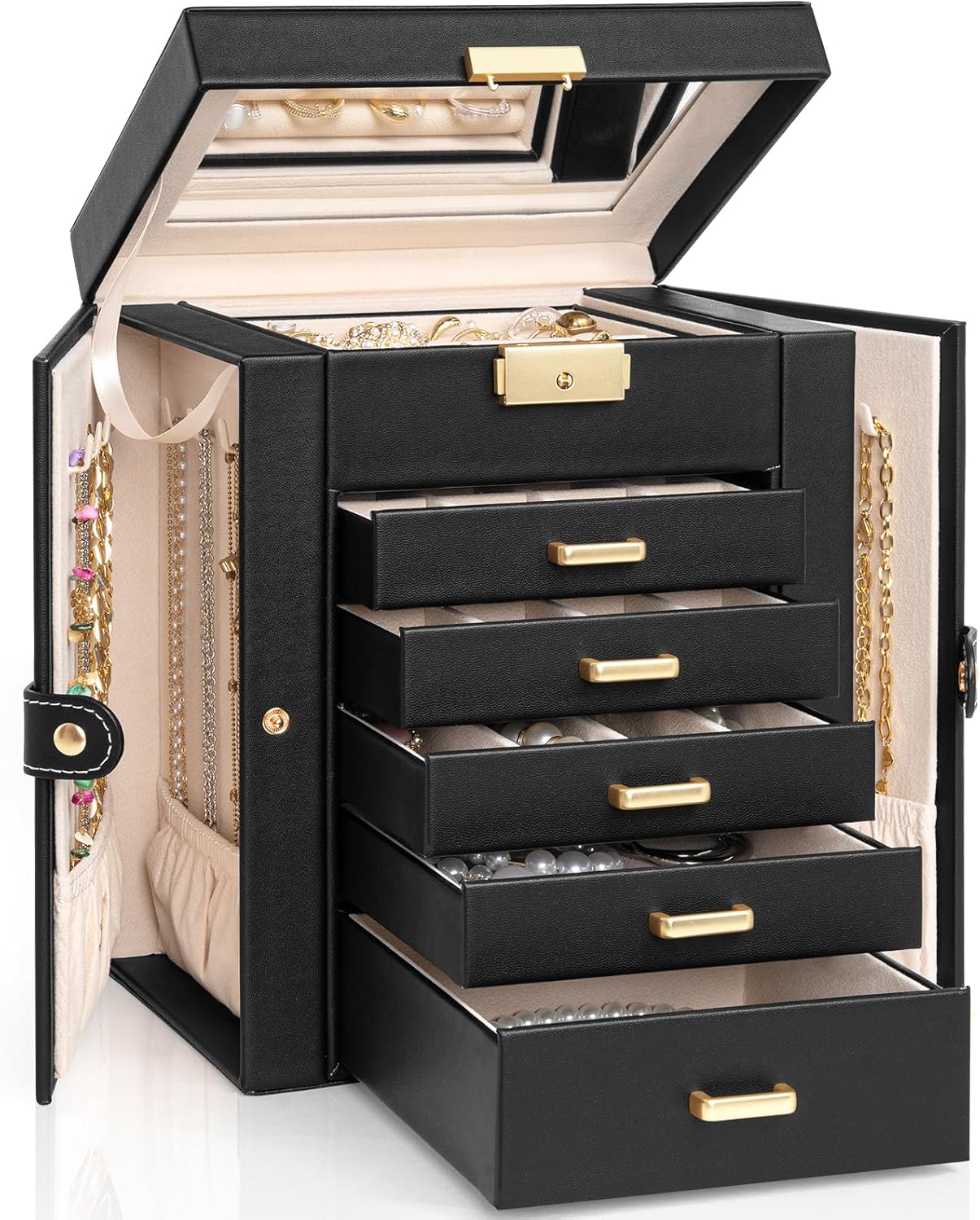 Elegant 6-Tier Jewelry Box with Lockable Design for Women
