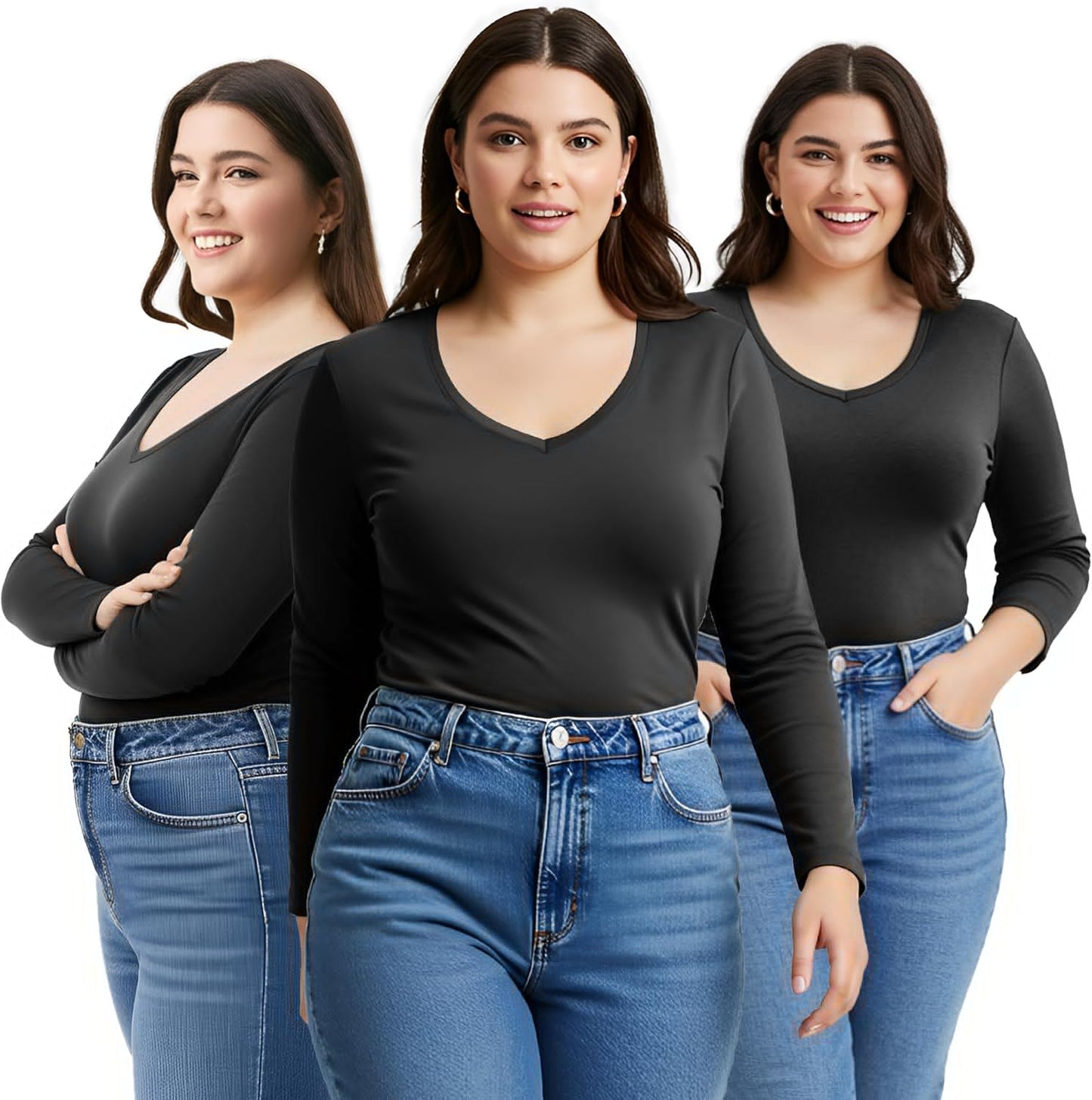 Emmalise Women's Vneck Long Sleeve Tee for Juniors and Plus Sizes