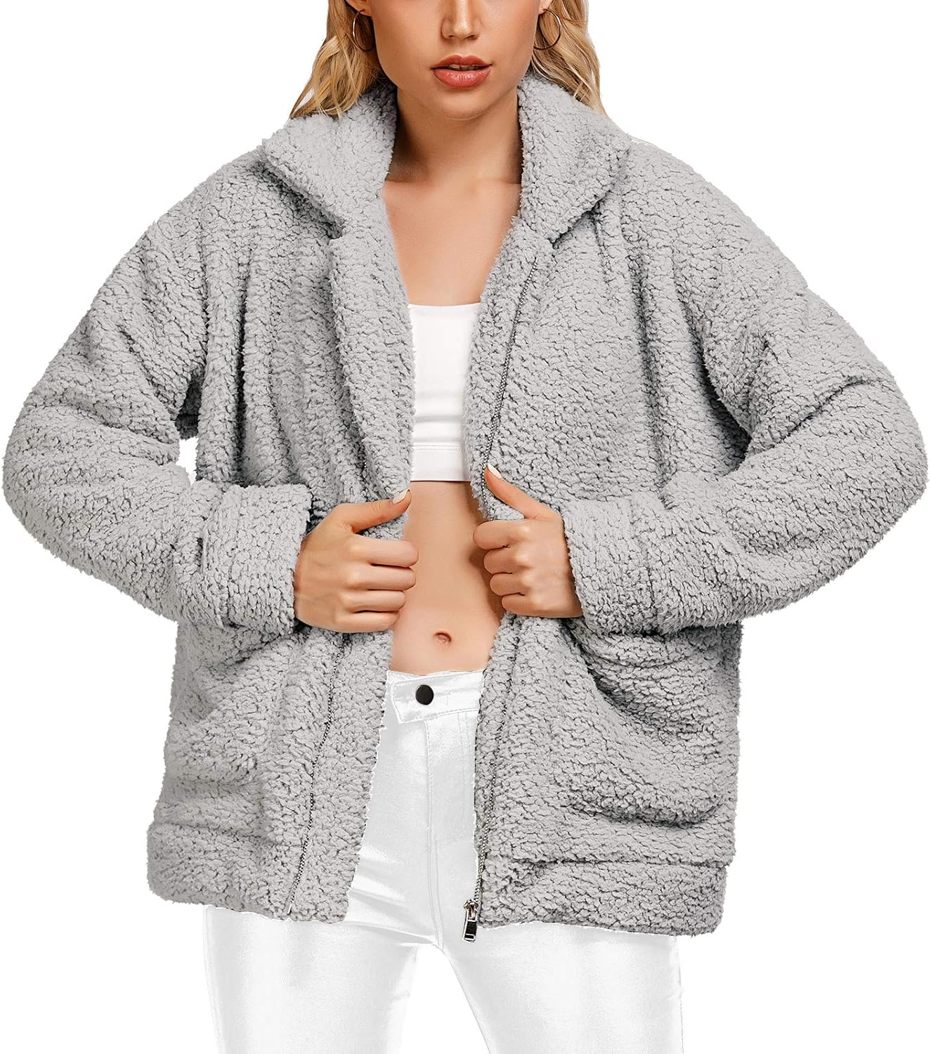 Cozy Women's Fleece Faux Shearling Zipper Coat for Winter Wear