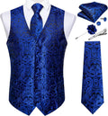 Mens Paisley Vest Tie Set with Lapel Pin Tie Clip - Silk Blue Paisley