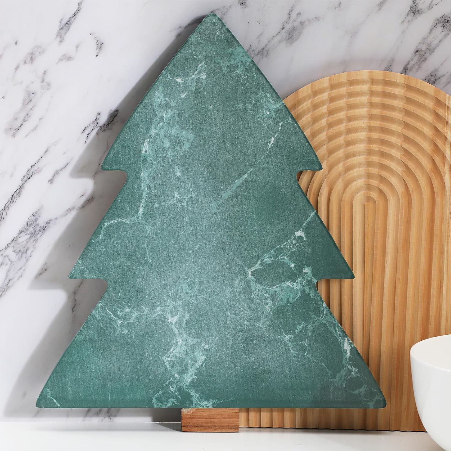Green Xmas Tree Marble Cheese Board for Holiday Celebrations