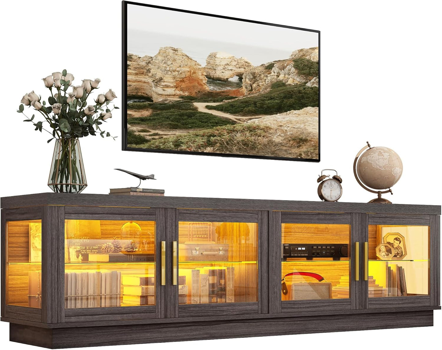 Rustic Farmhouse TV Stand w/ Storage & Glass Doors