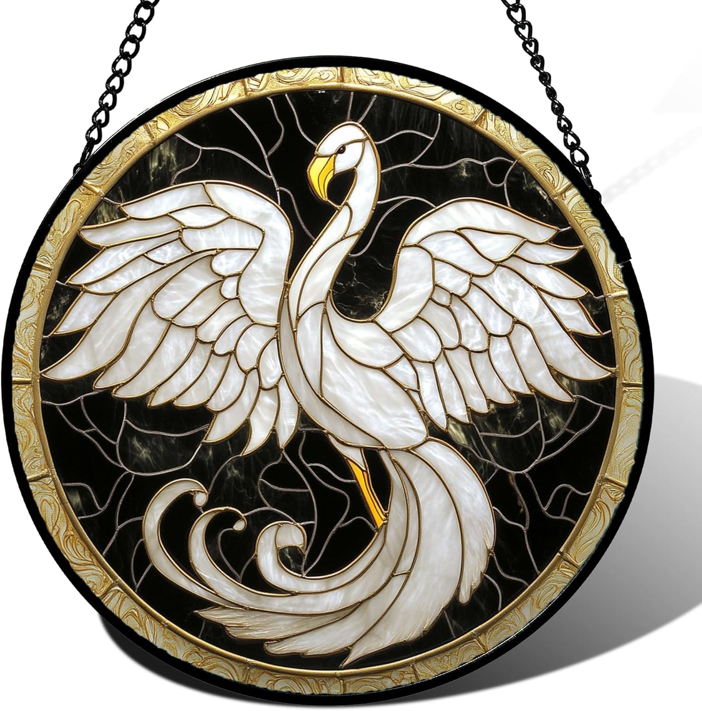 Stained Glass Window Hanging Black Gold White Phoenix Suncatcher