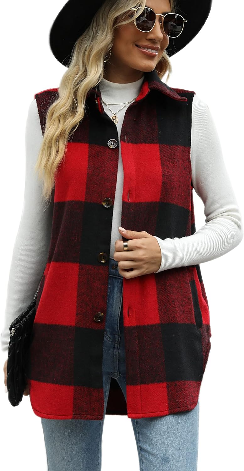 Tanming Women's Plaid Vest Brushed Flannel Shacket with Pockets