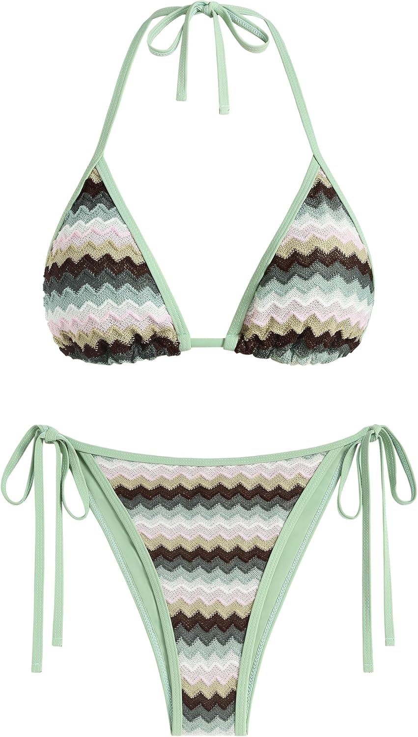 ZAFUL Women's Colorblock Stripes Triangle Halter Bikini Set