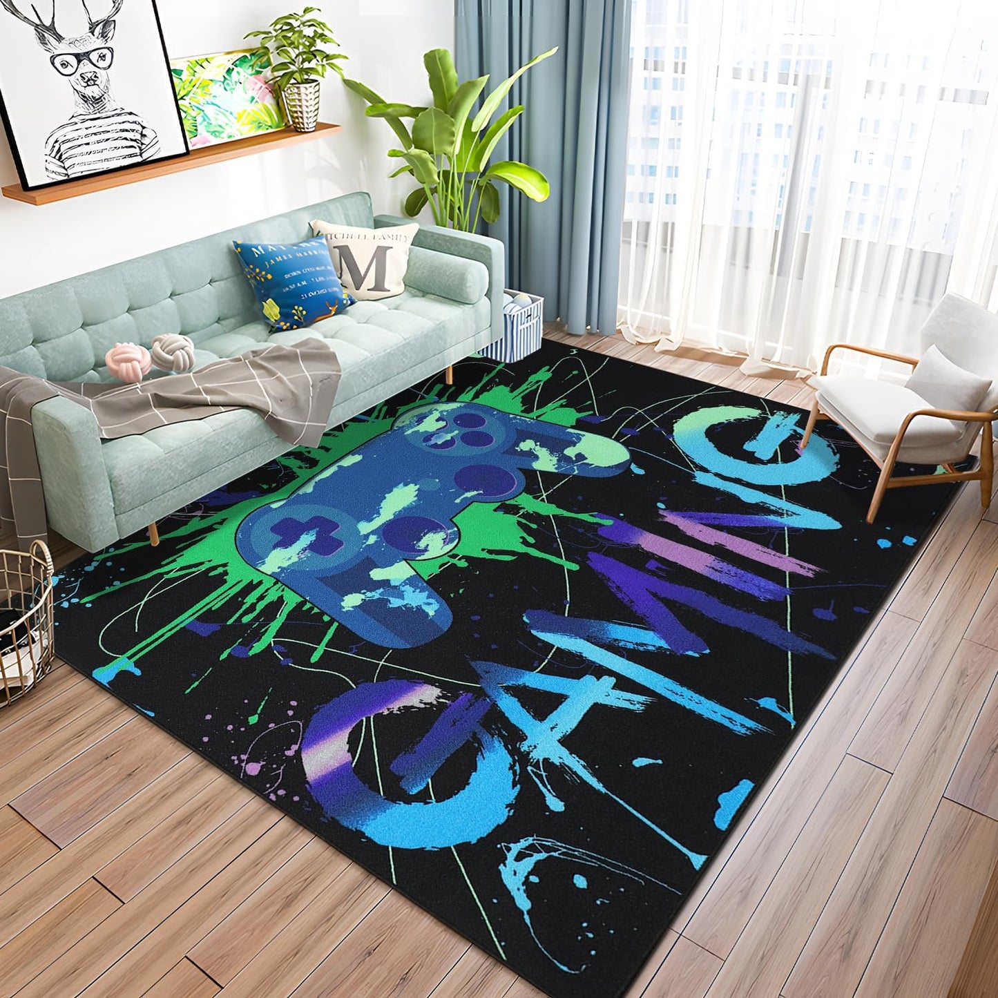 Non-Slip Gamer Controller Rug: Colorful Playroom Decor