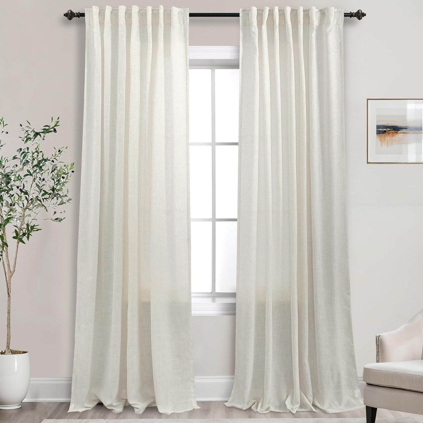 108 Inch Long Cream Beige Linen Curtains for Elegant Living Spaces