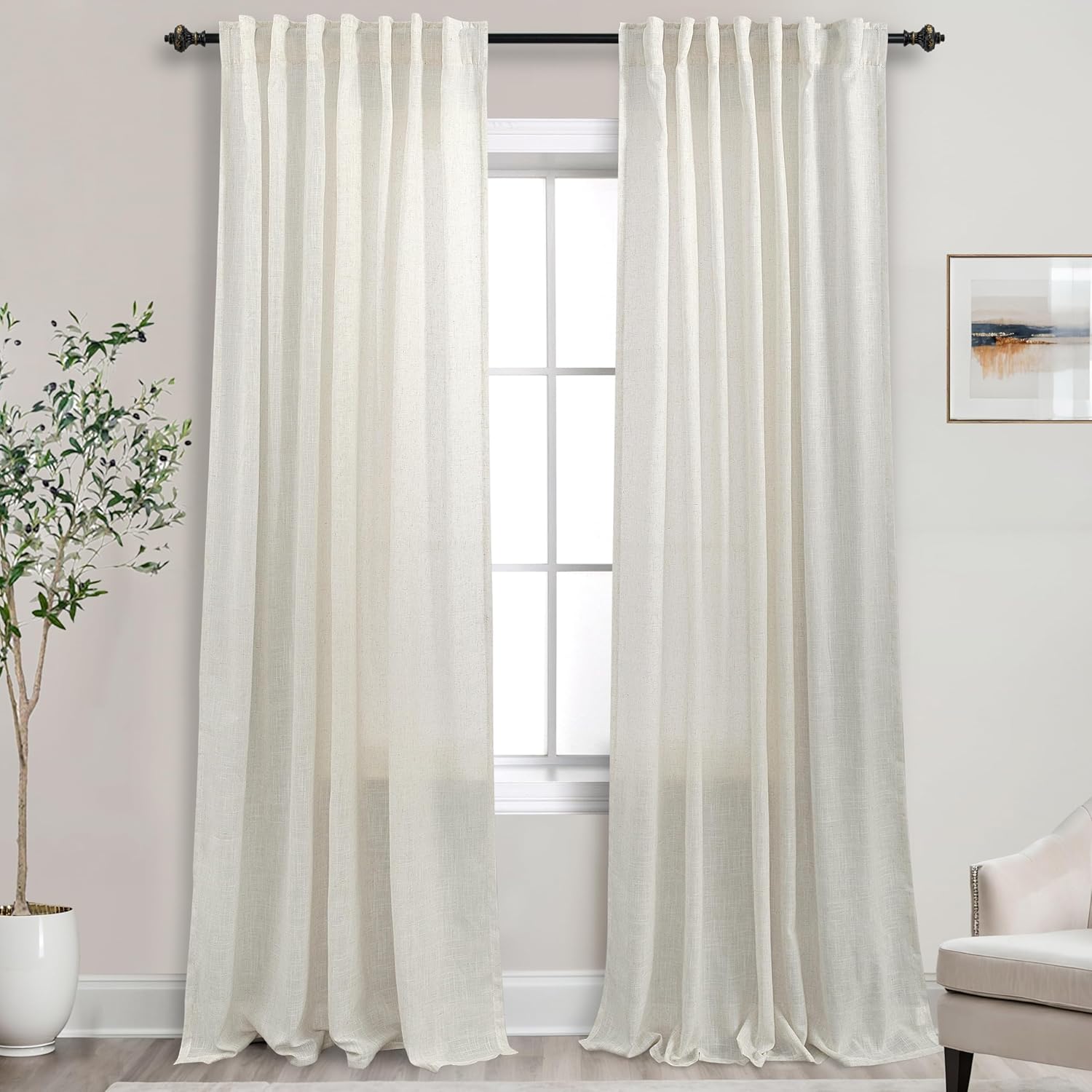 108 Inch Long Cream Beige Linen Curtains for Elegant Living Spaces