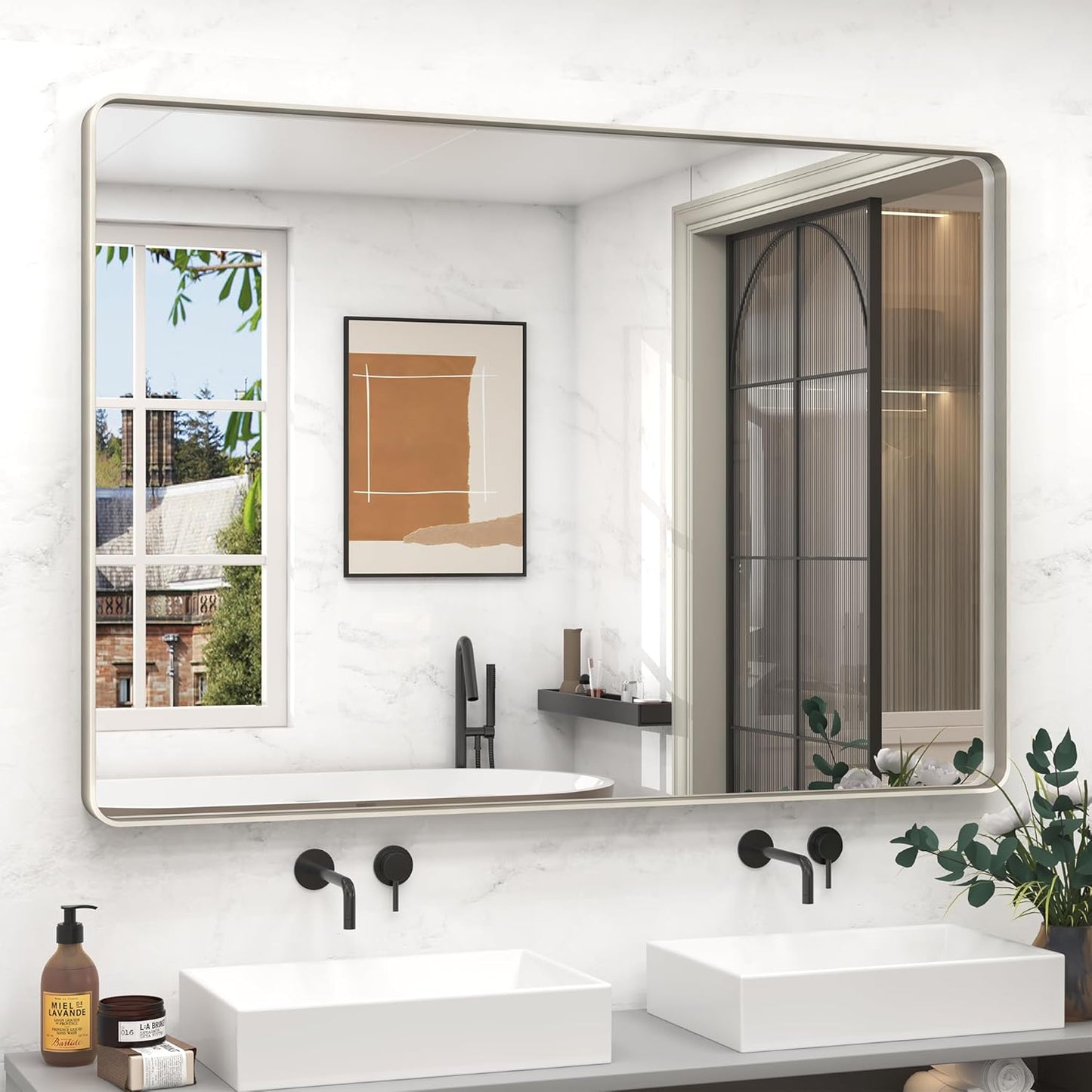 48x36 Silver Bathroom Mirror with Brushed Silver Frame Design