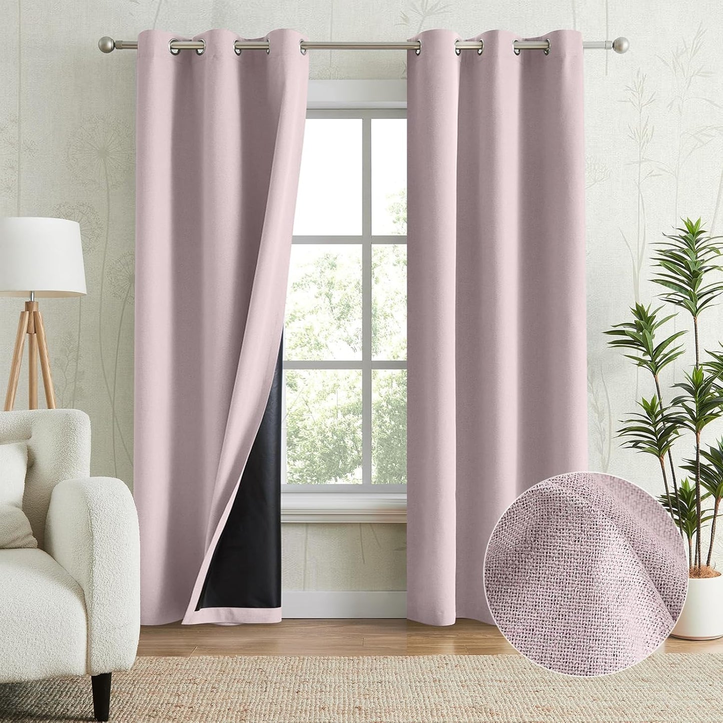 100% Blackout Linen Curtains - Full Light Blocking, Pink, 42x96, 2 Panels