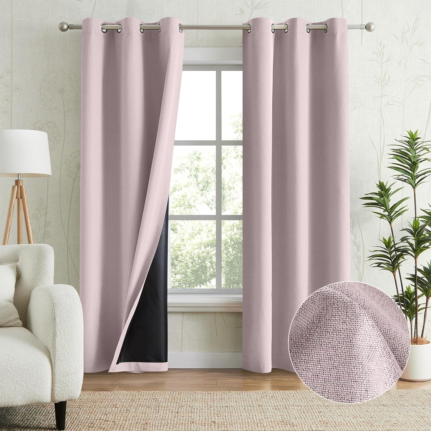 100% Blackout Linen Curtains - Full Light Blocking, Pink, 42x96, 2 Panels