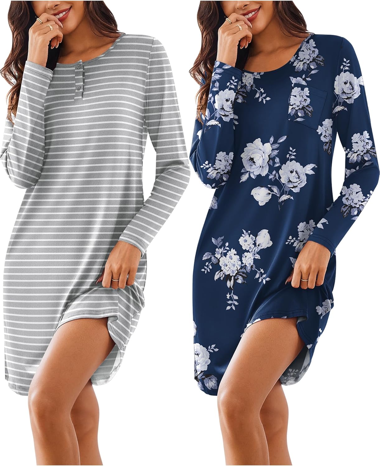 Ekouaer Women's Sleepshirt Dress 2 Pack Comfortable Nightgown