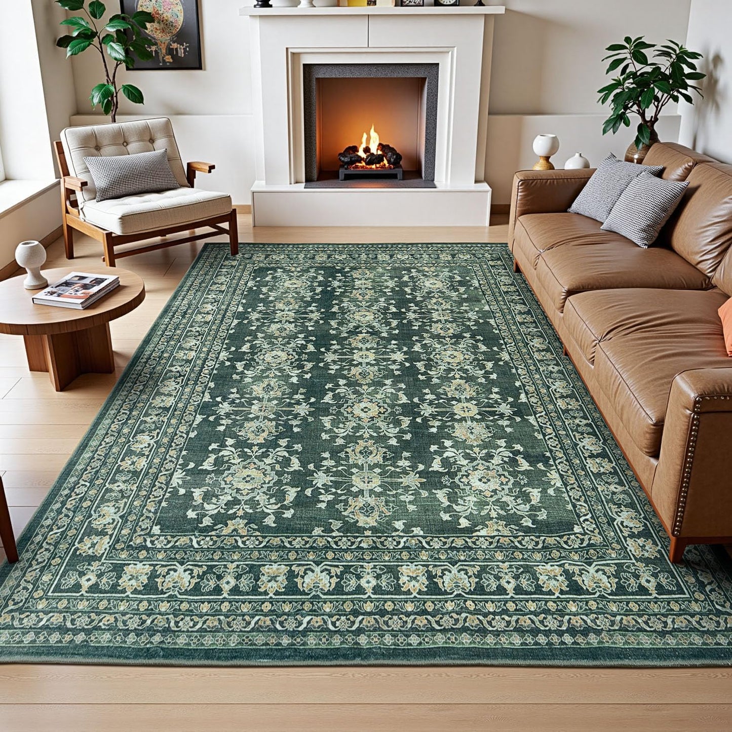 Vintage Dark Green Distressed Floral Area Rug for Living Room