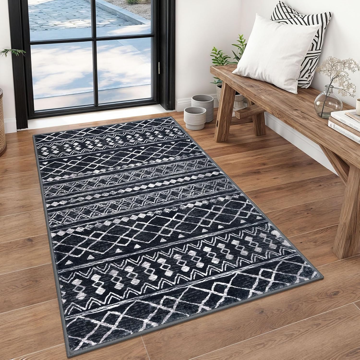 KUTA 3x5 Black Boho Area Rug for Living Room and Kitchen