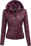 Womens Faux Leather Moto Biker Jacket Coat with Hood - Versatile Style