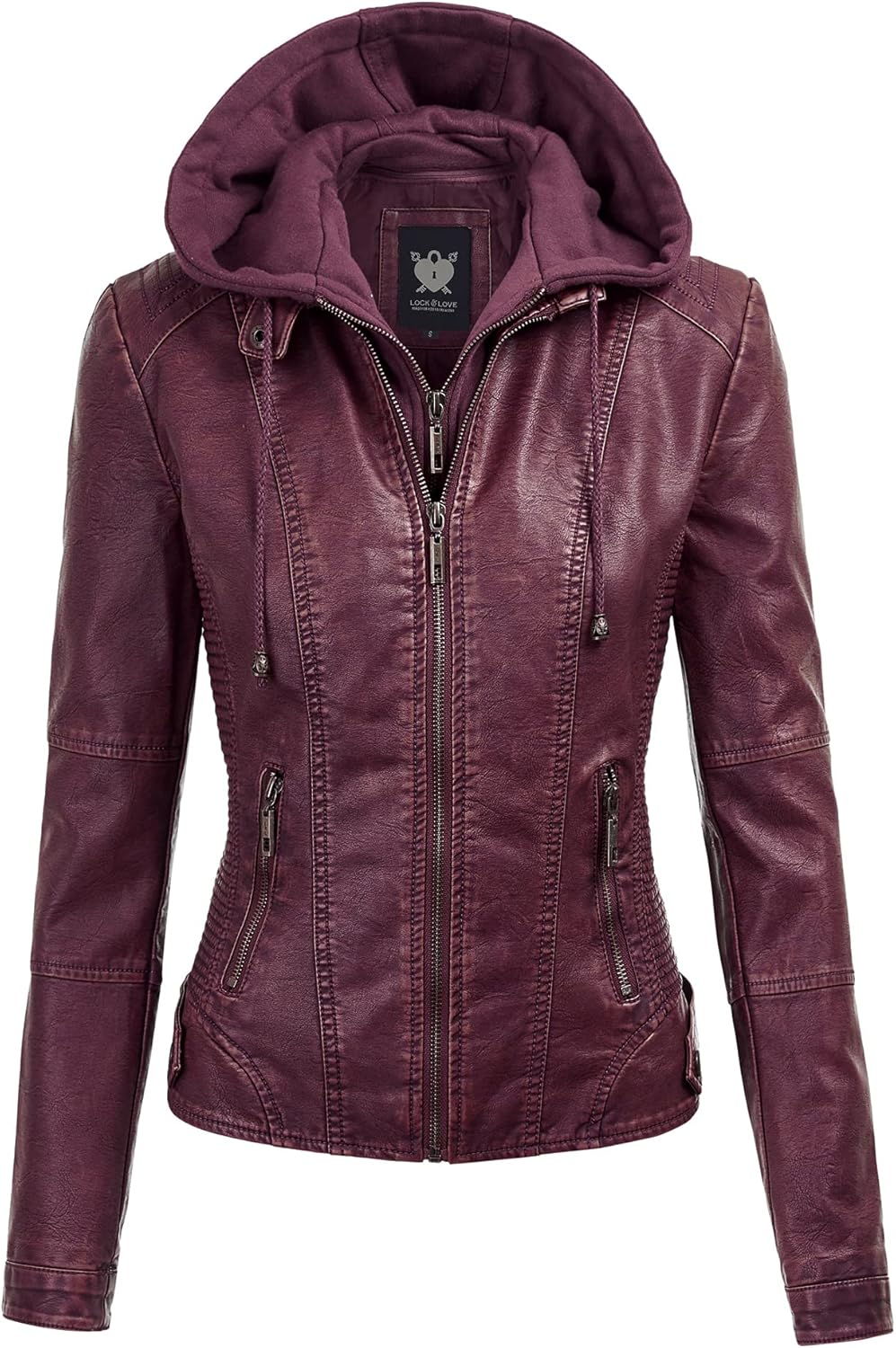 Stylish Faux Leather Moto Biker Jacket with Removable Hood