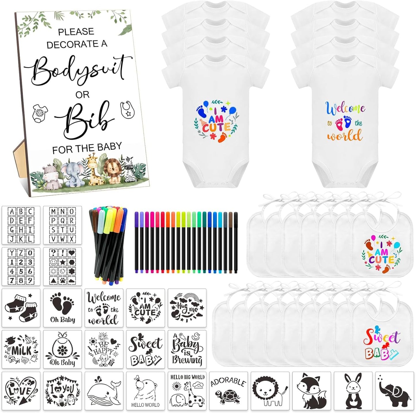 69 Pcs Baby Bib Bodysuit Set for Fun Baby Shower Activities