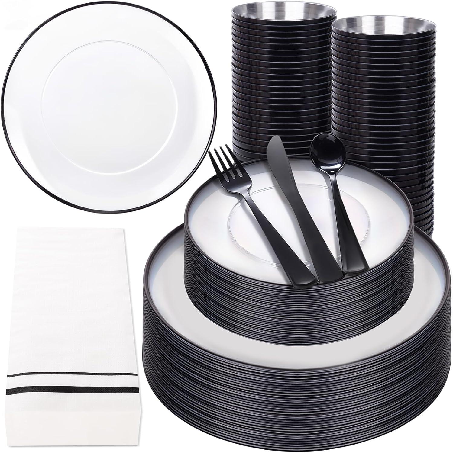 NOCCUR 350PCS Clear and Black Plastic Plates for 50 Guests