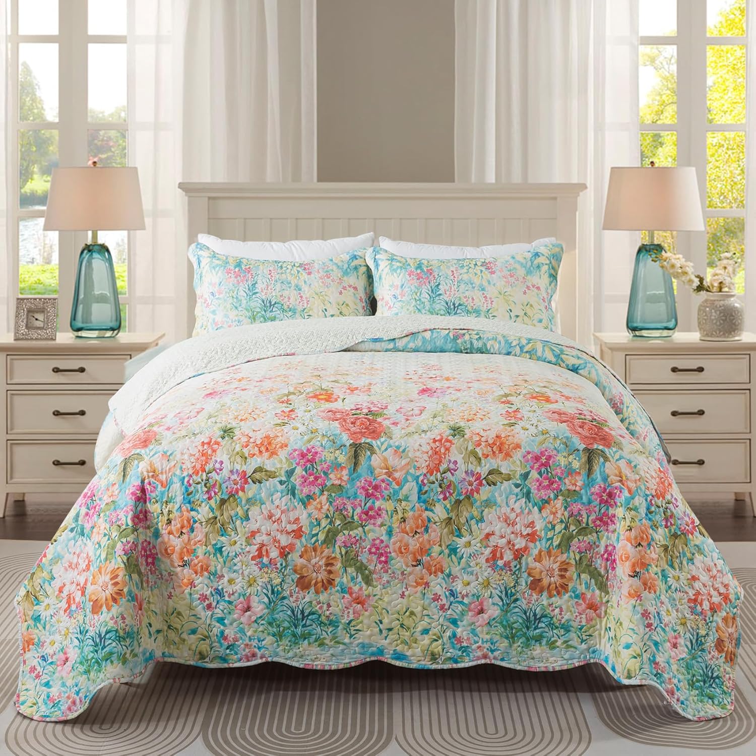 Travan King Quilt Set - Dream Garden-Champagne Microfiber