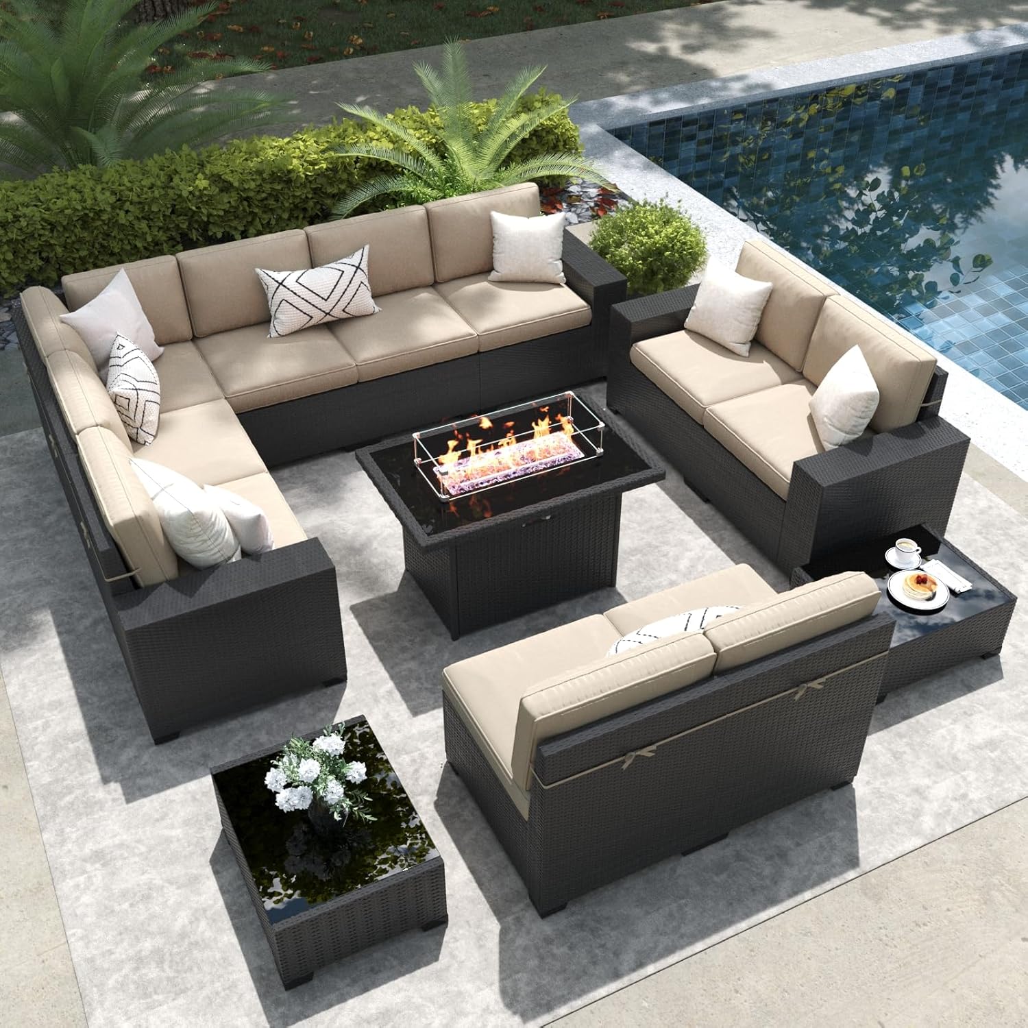 LayinSun 13 Pieces Outdoor Patio Furniture Set with Fire Pit