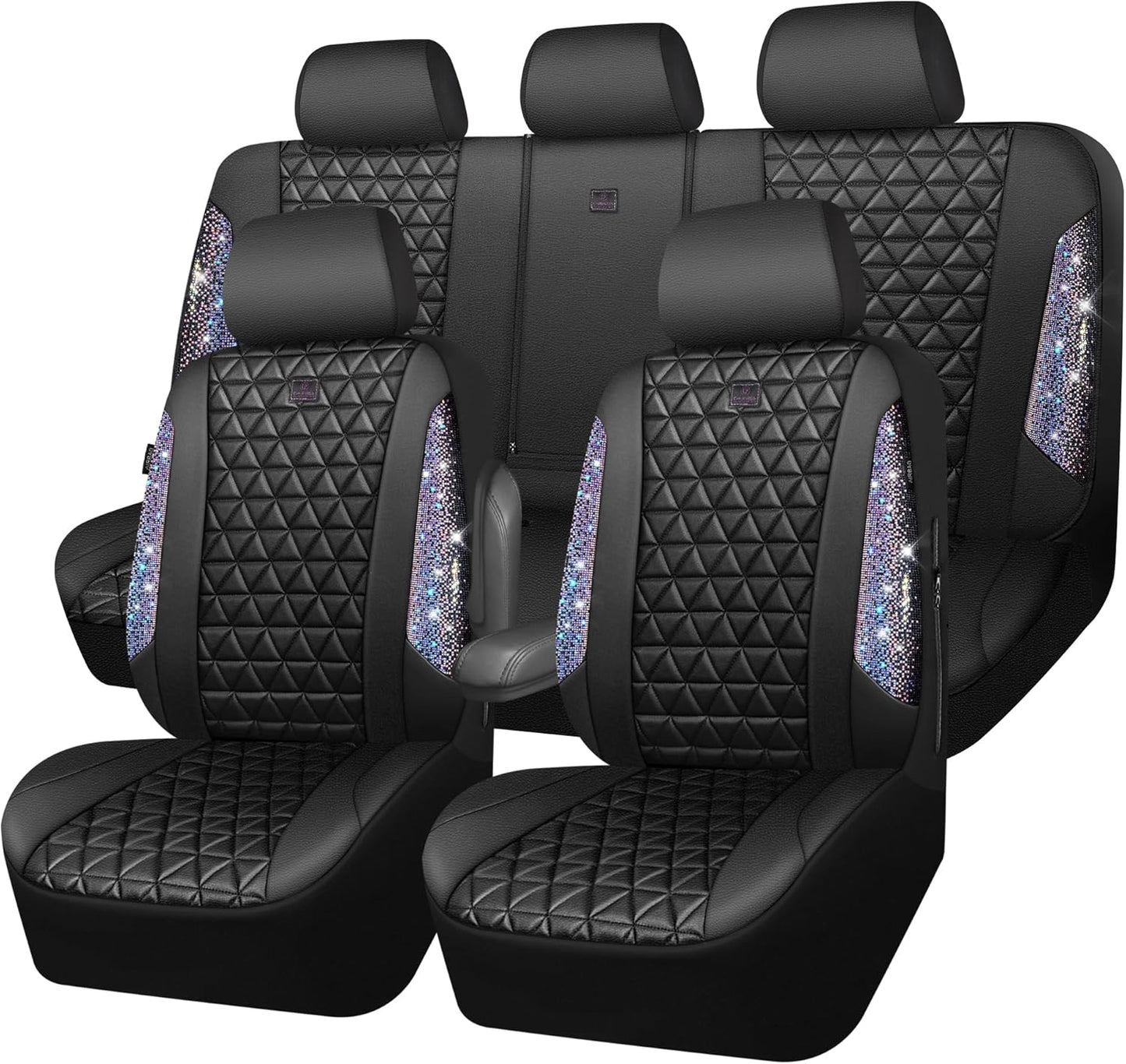 Bling Diamond Black Leather Car Seat Covers Full Set for Women