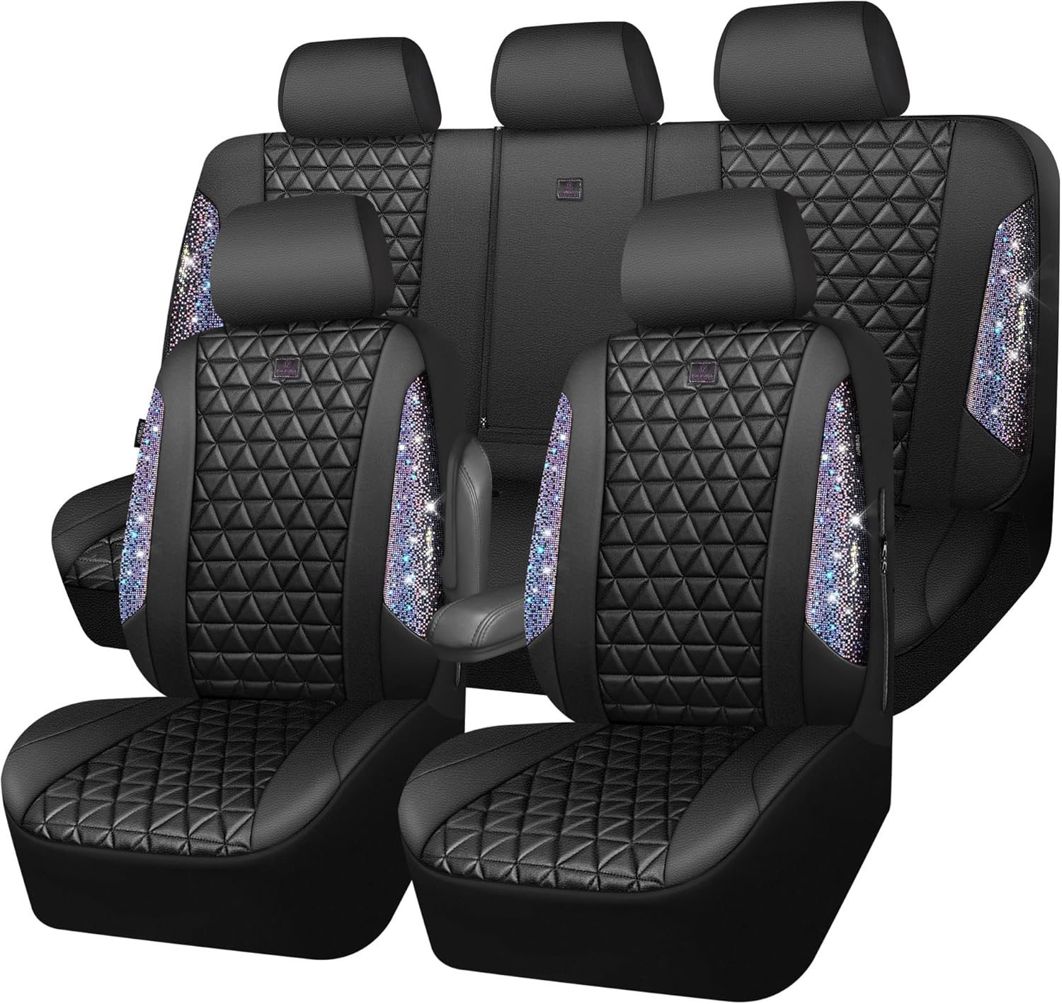 Bling Diamond Black Leather Car Seat Covers Full Set for Women