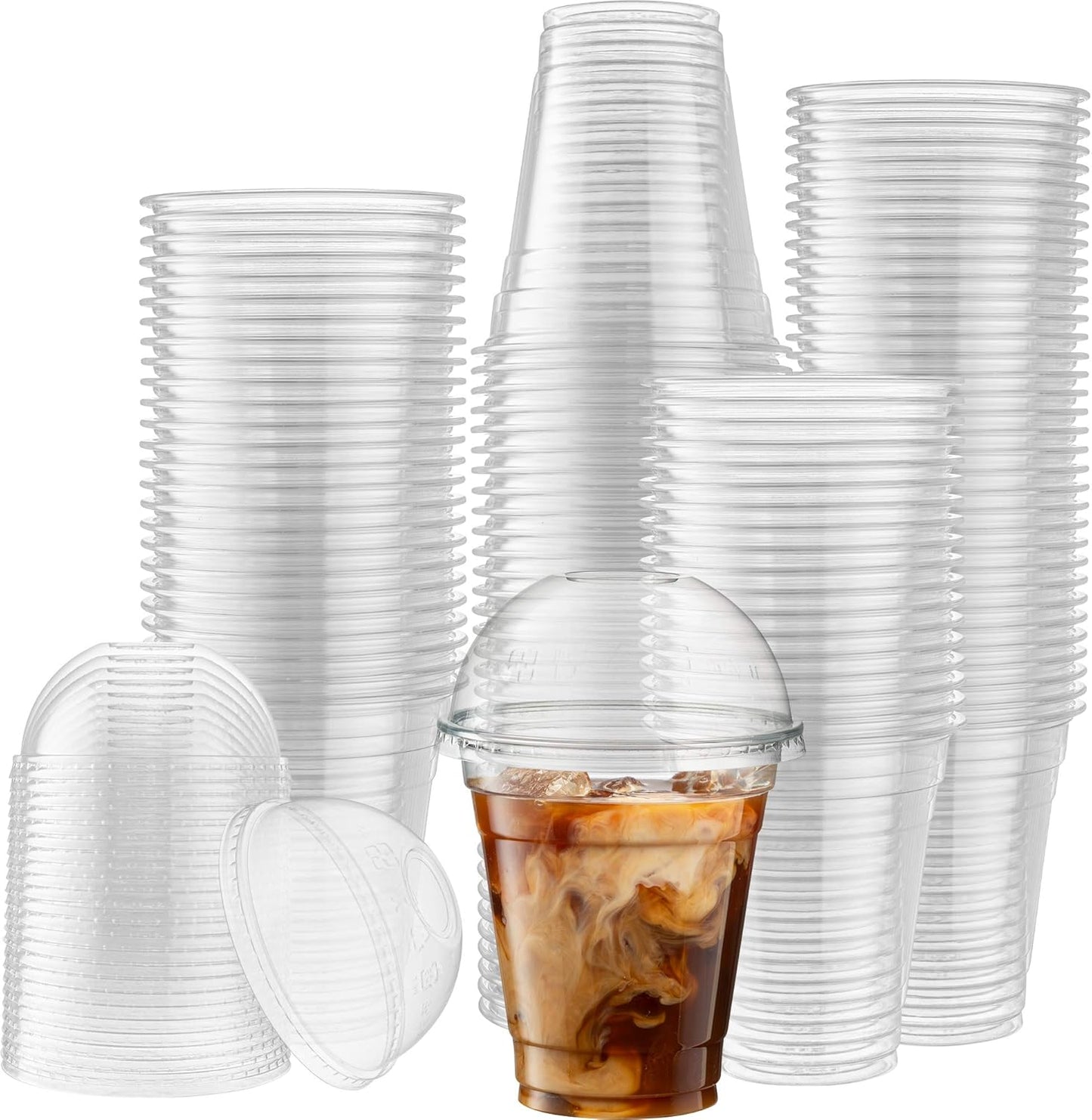 100 Sets of 12 Oz Crystal Clear Plastic Cups with Dome Lids