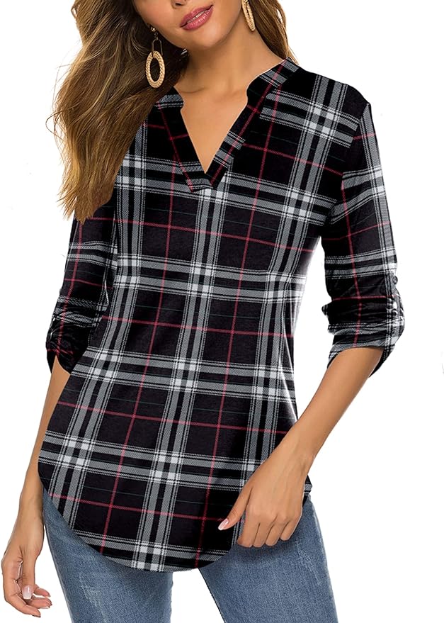 Halife Women's Roll Up 3/4 Sleeve Floral Print Tunic Blouse