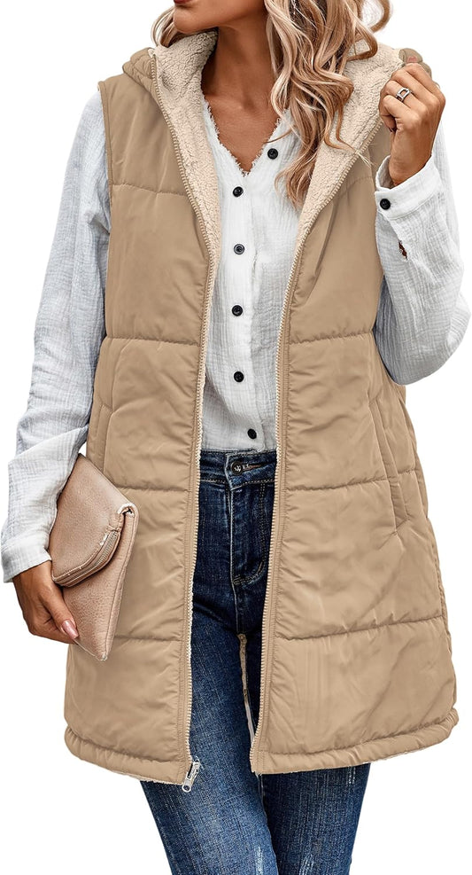 ECOWISH Women Long Puffer Vest: Warm Reversible Fleece Jacket