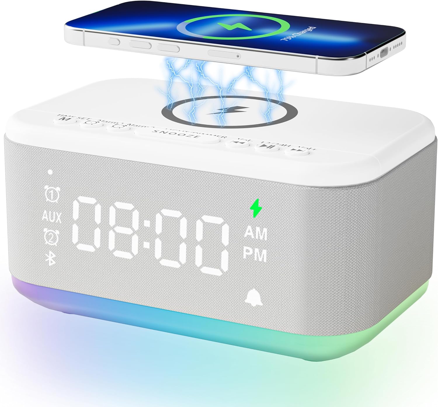 Wireless Charger Alarm Clock, Bluetooth Speaker & RGB Night Light