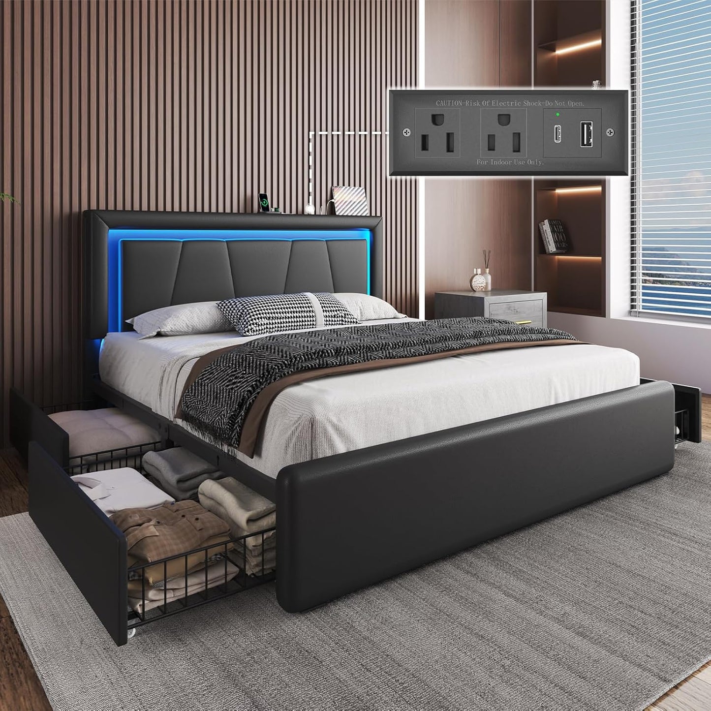 Full Size Bed Frame with Storage Drawers and LED Lights