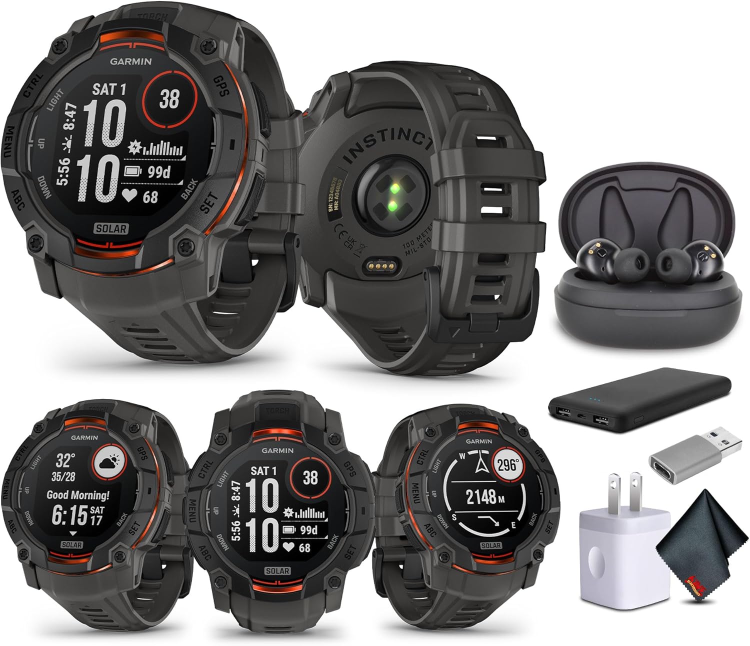 Garmin Instinct 3 Rugged Outdoor GPS Smartwatch with Earbuds