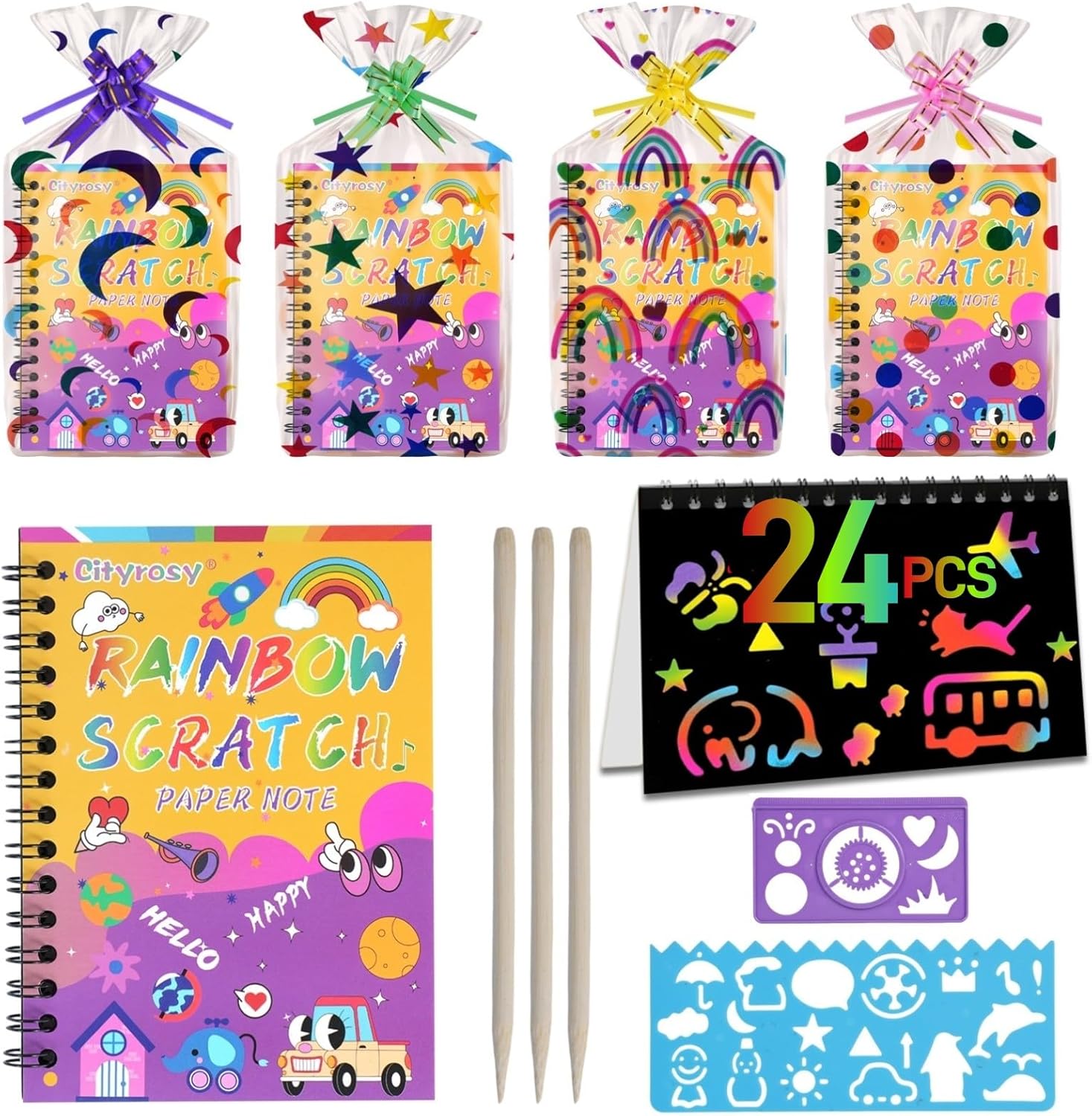 Cityrosy 24 Pack Scratch Art Paper Rainbow Sets for Fun Crafts