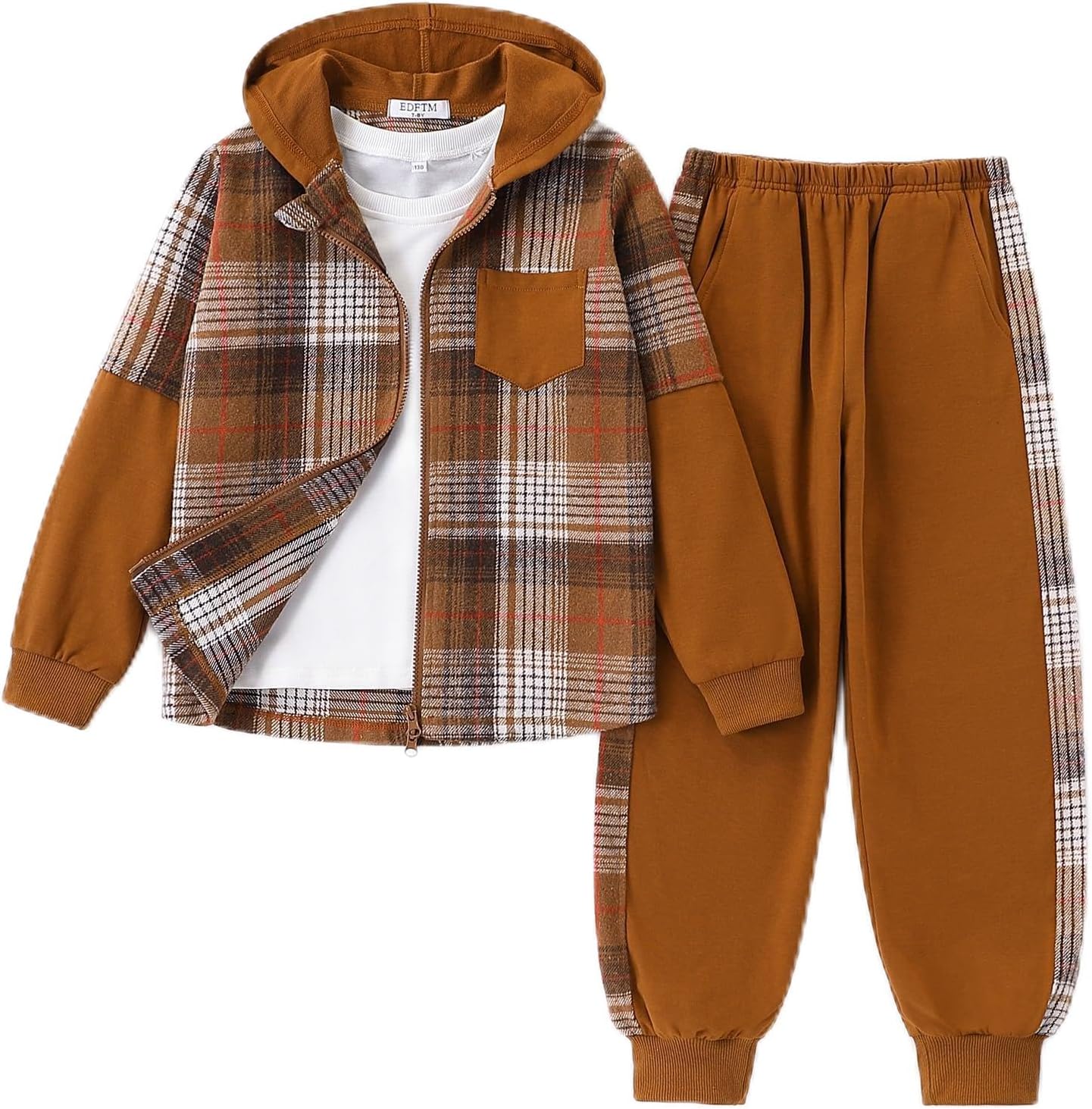 2Pcs Girls Clothes Zip Up Plaid Flannel Hoodie and Joggers