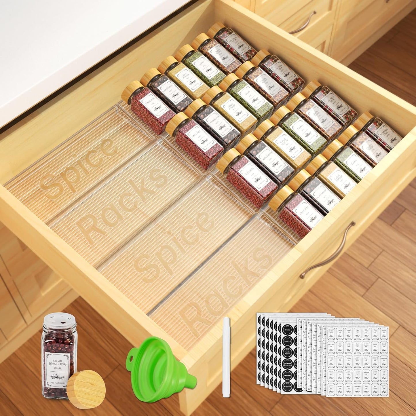 24 Spice Jars with Organizer and Labels for Kitchen Storage