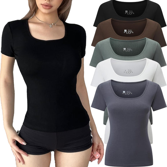 5 Pack Short Sleeve Square Neck T Shirts for Women Fashion