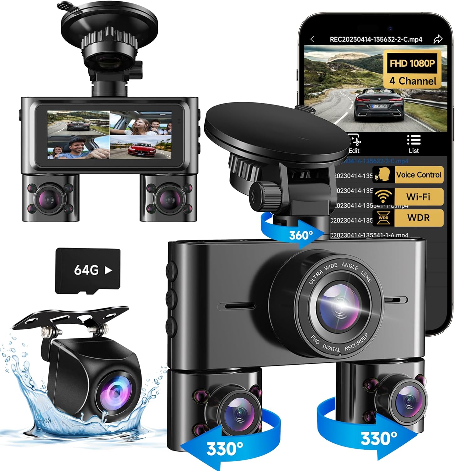 4 CH FHD Dash Cam, 360 Inside & Out, Night Vision