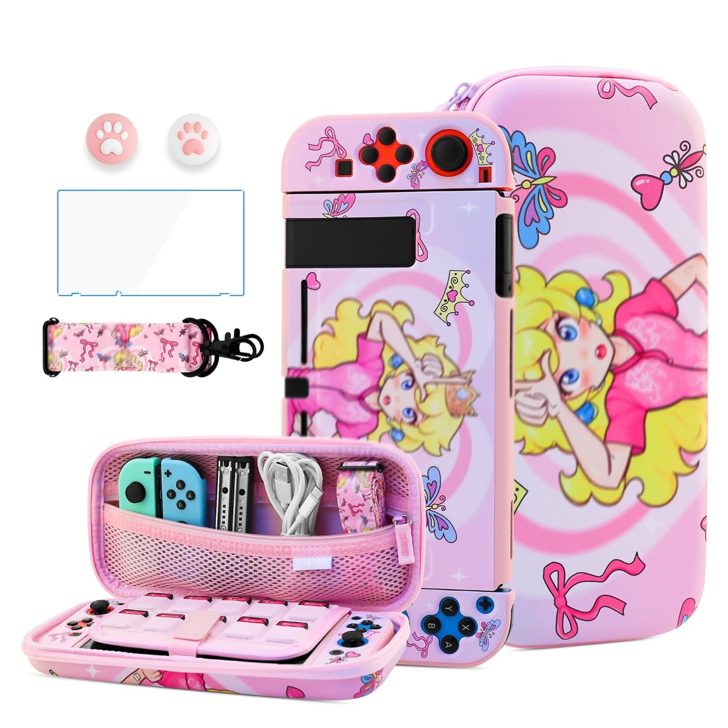 Cute Pink NS Switch Case Kit with Princess Design and Accessories