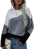 ECOWISH Women Color Block Knit Pullover Sweater - Casual Crew Neck fit