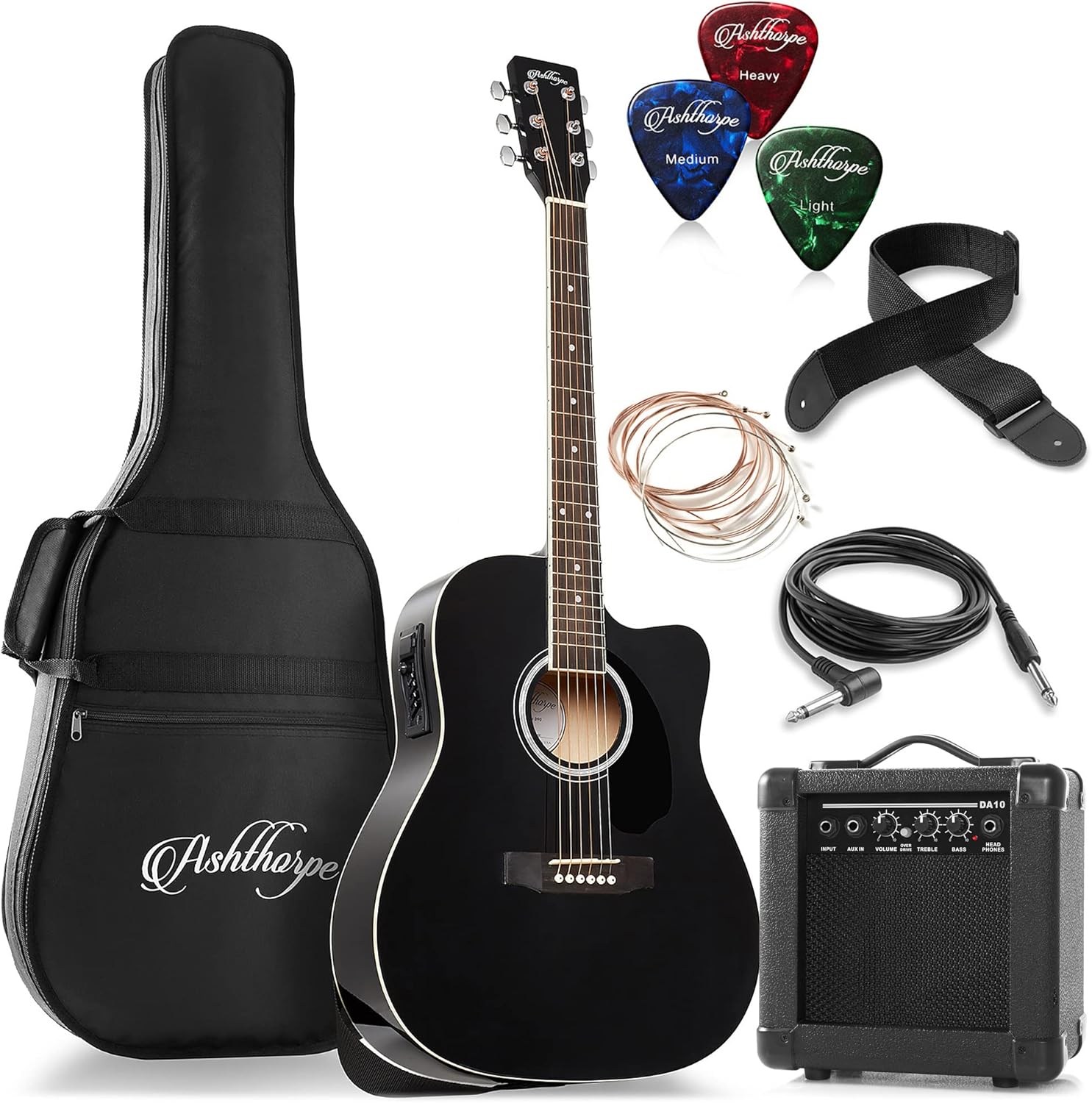 Black Cutaway Acoustic Electric Guitar + 10W Amp Set