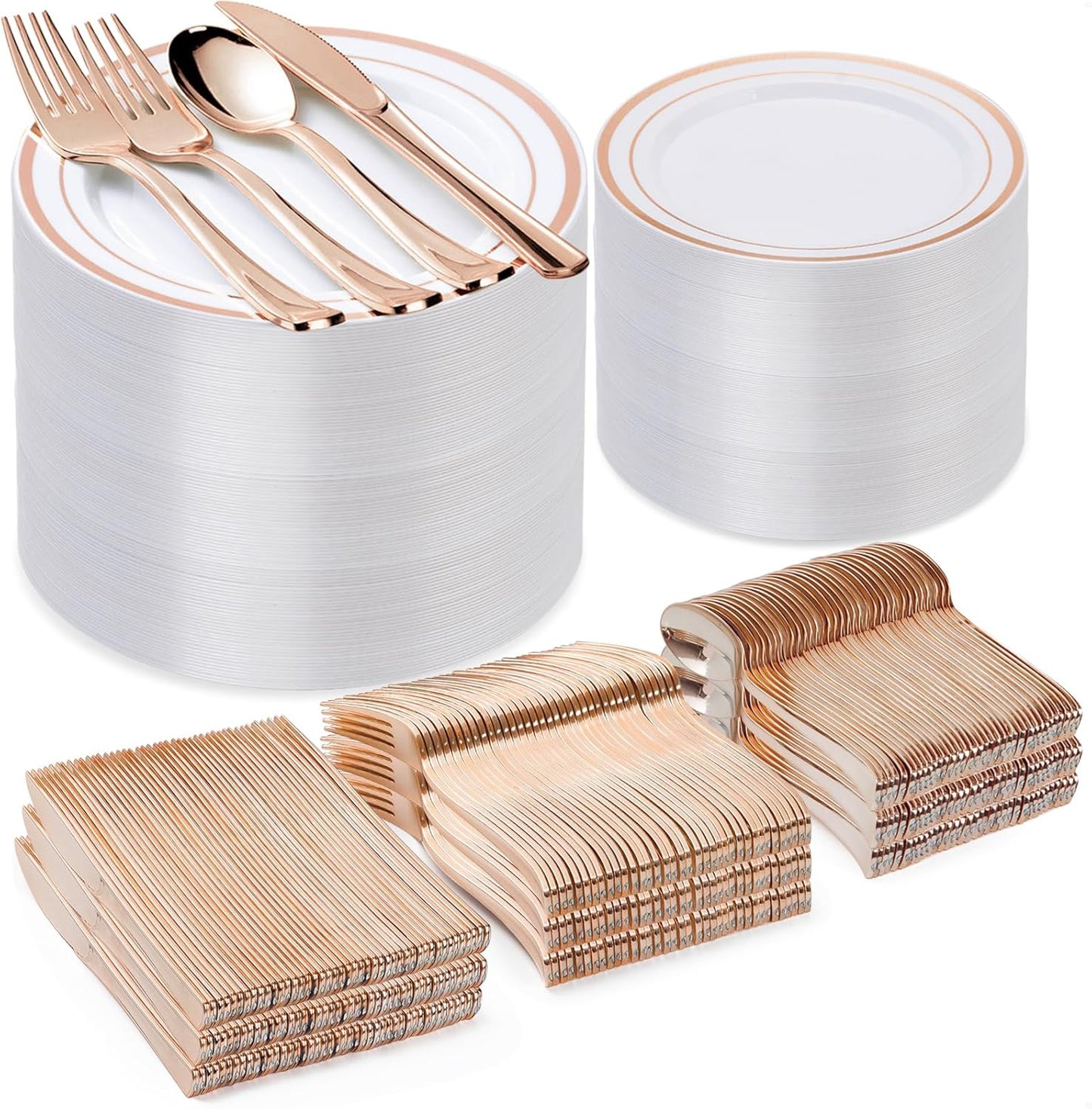 600PCS Rose Gold Plastic Plate Set for 100 Guests Parties