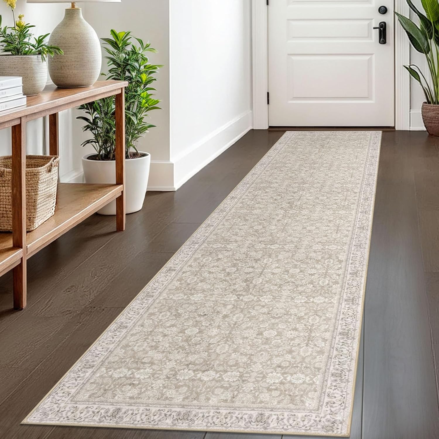 2x8 Washable Runner Rug for Hallways - Soft Floral Design