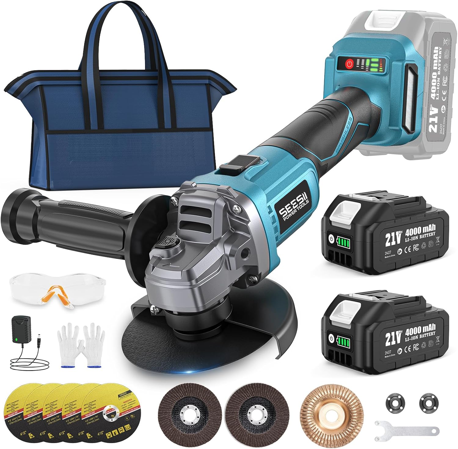 SEESII Cordless Angle Grinder 4-1/2 Inch with 2 Batteries