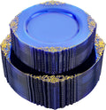 102PCS Elegant Blue Plastic Plates with Gold Rim for Parties