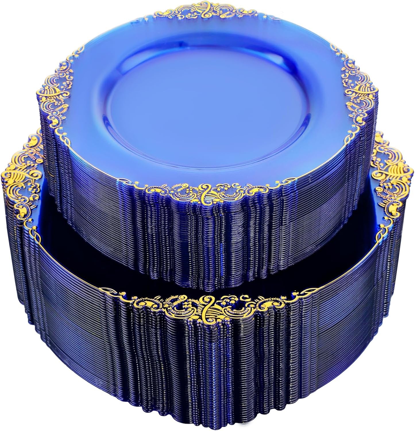 102PCS Elegant Blue Plastic Plates with Gold Rim for Parties